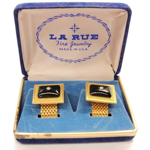 La Rue Mesh Rectangle Vtg Cufflinks Black & Gold Tone Tux Wedding Formal IOB - Picture 11 of 12